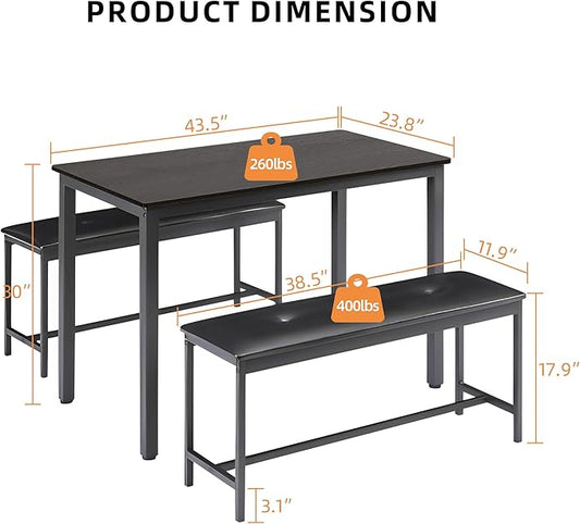 Dining Table Set for 4, Wood Kitchen Table & Chair with 2 Upholstered Benches for Breakfast Nook and Small Space, Black