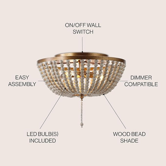 JONATHAN Y 15" Antique Gold/Cream Allison 3-Light LED Flush Mount Ceiling Light for Bedroom, Wood Beaded Shade Shabby Chic Farmhouse Rustic Decor, LED Bulbs Included (JYL9019A)