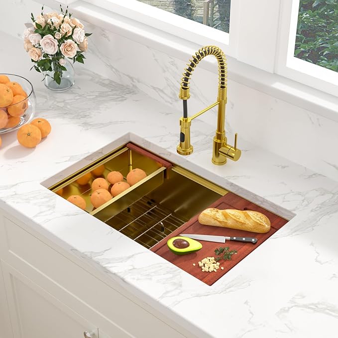 Sarlai 30 Inch Gold Undermount Kitchen Sink - 30" x18" Kitchen Sink Ledge Workstation 16 Gauge Gold Stainless Steel Deep Single Bowl Under Counter Rectangular Kitchen Sinks Basin