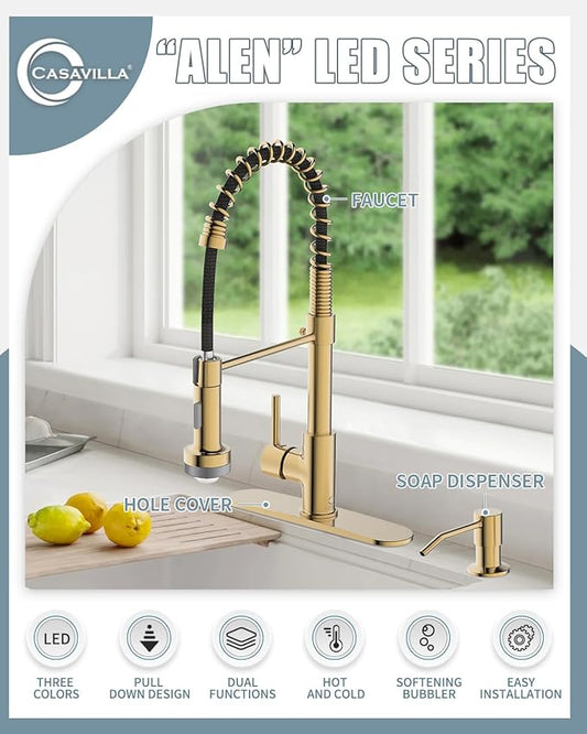 LED Kitchen Faucet, Brushed Gold Kitchen Faucet with Soap Dispenser and Deck Plate, Faucet for Camper Farmhouse RV Kitchen Sink, Single Handle Kitchen Sink Faucets with Pull Down Sprayer