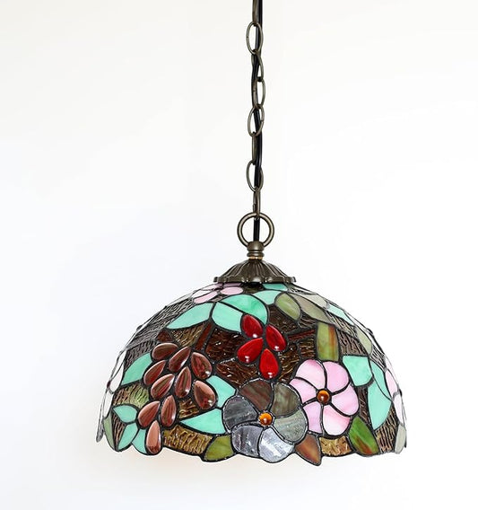 Tiffany Pendant Light Plug-in Stained Glass Hanging Lamp 12”x12”x181” Grape Swag Light Vintage Lighting for Dining Room Living Room Kitchen Hallway Bedroom