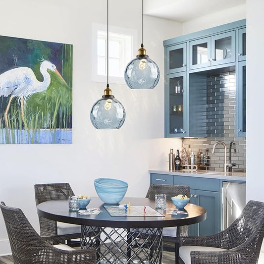 Plug in Pendant Lights for Ceiling, Hanging Plug in Light Fixture with Cord Hammered Glass Globe, Modern Hanging Ceiling Lamp Blue Glass Chandelier for Kitchen Dining Room Bedroom