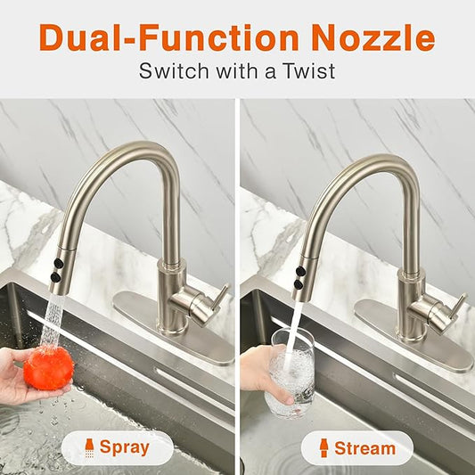 RULIA Kitchen Faucet, Kitchen Sink Faucet, Sink Faucet, Pull-Down Kitchen Faucets, Bar Kitchen Faucet, Brushed Nickel, Metal Spray Head, RB1018