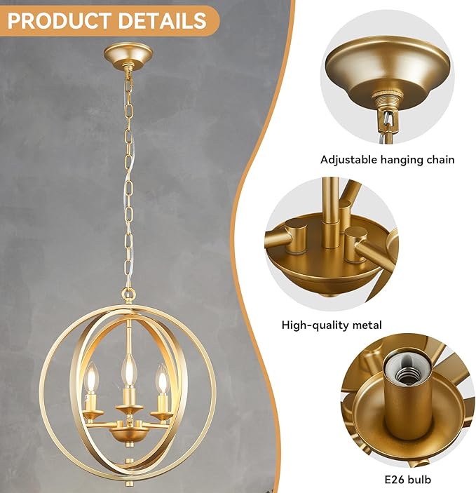 3-Light Modern Gold Pendant Lights, Farmhouse Dining Room Light Fixtures Industrial Chandelier, Metal Geometric Kitchen Island for Entryway Hallway Foyer Bedroom