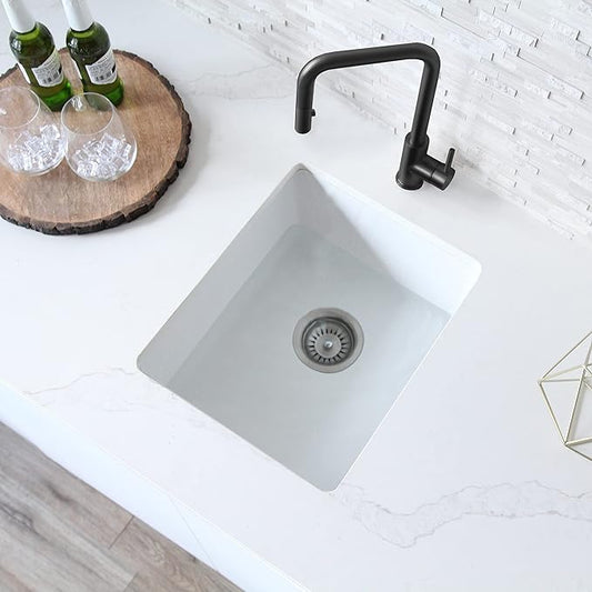 Stylish 15.5 x 17.5 Inch Composite Granite Kitchen or Bar Sink, Single Bowl Under Mount & Drop in, 8.5 in Deep, Rear-Center Drain, with Strainer, White, S-816H