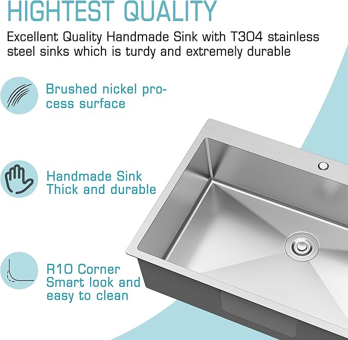 33x22 Drop In Kitchen Sink, 18 Gauge T304 Stainless Steel Top Mount Single Bowl, 9 Inch Deep Basin with Bottom Grid & Drain Assembly, Rust-Proof Brushed Nickel
