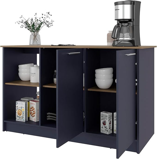 GOWE Kitchen Island 35.7" H, 2 Doors, 6 Shelves, Alby Blue/Natural Oak - Kitchen