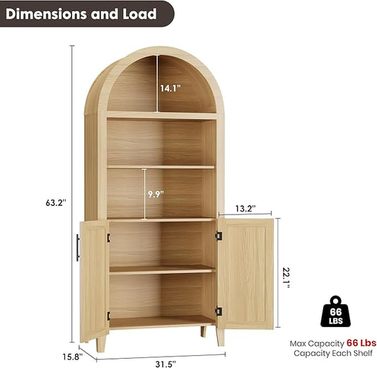 Garvee Arched Kitchen Pantry Storage Cabinet - 5-Tier Open Display Shelf with Rattan Decor, Farmhouse Storage Cabinet for Kitchen, Dining Room, Living Room, Natural