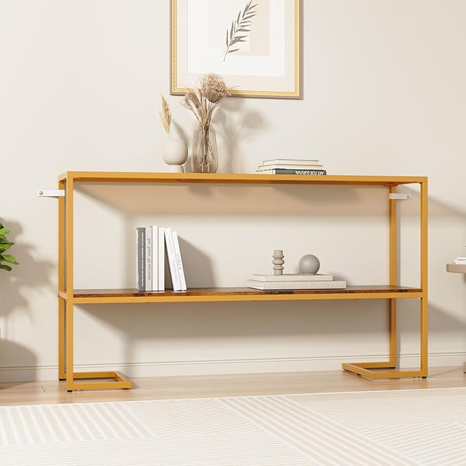 Furnify Console Sofa Table, 52" Modern Entryway Table, 2-Tier Open Shelf with Tempered Glass, Metal Frame Behind Couch Table with Gold Metal Frame for Living Room Hallway Entrance, Brown