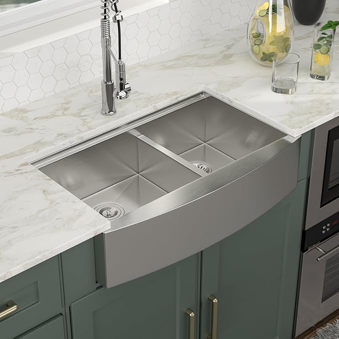 Logmey 33x21 Double Bowl Kitchen Sink 60/40 Farmhouse Sink 16 Gauge Stainless Steel Apron Front Farmer Kitchen Sinks Ledge Workstation Low Divide Double Basin Farm Sink 33x21x9
