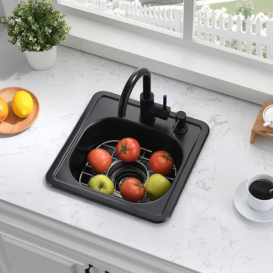 15 Inch Black Drop In Bar Sink-Bokaiya 15x15 Small Wet Bar Prep Sink Outdoor Rv 18 Gauge Stainless Steel Single Bowl Kitchen Sinks with Dish Grid