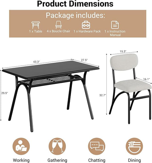 GarveeHome 5-Piece Dining Table Set for 4, Modern Kitchen Table with 4 Boucle Chairs, Rectangular Dining Table with Storage Shelf & Marble Tabletop, Beige Home Dining Furniture for Small Space