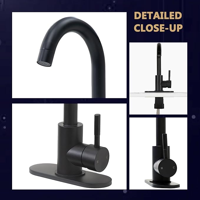 Comllen Matte Black Bar Faucets, Black Bathroom Faucet 1 Hole, 360° Swivel, Small Single Handle Bar Sink Faucet with Deck Plate for Bathroom Bar Kitchen RV Camper Outdoor Laundry Vanity Lavatory