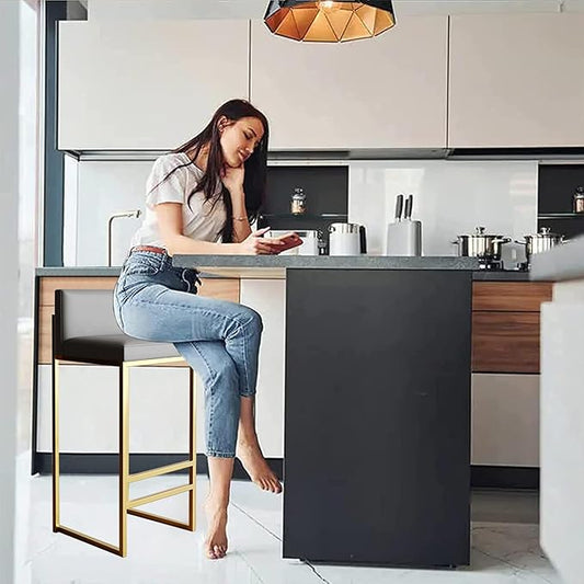 Height Stools of 4, Upholstered stools with Back, Armless Chairs for Kitchen Island, PU Leather Seat, Black/Gold Metal Legs, 65cm, Grey (Grey+Gold 2 Pcs)