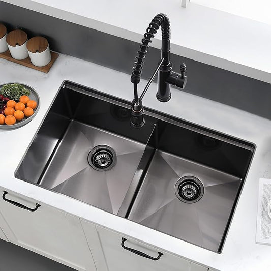 33 Inch Black Double Bowl Kitchen Sink Undermount- 16 Gauge Stainless Steel Undermount Workstation Kitchen Sink Double Bowl 50/50, 33x19 Inch