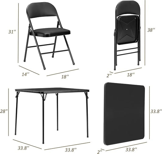 VECELO Folding Card Table and Chair Set of 5 Portable with Padded Tabletop, No Assembly Required, Black