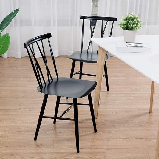 COSTWAY Dining Chair Set of 2, Farmhouse Windsor Chairs Dining Room Chairs with Spindle Back and Sturdy Metal Construction, Kitchen Side Chair for Living Room Restaurant, Black (Height 17'')