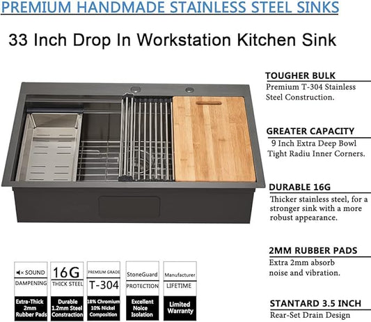 SHACO 33x22 Black Drop In Kitchen Sink, 33 Inch Gunmetal Black Stainless Steel Top Mount Single Bowl Overmount Double Ledges Workstation Sink with Accessories