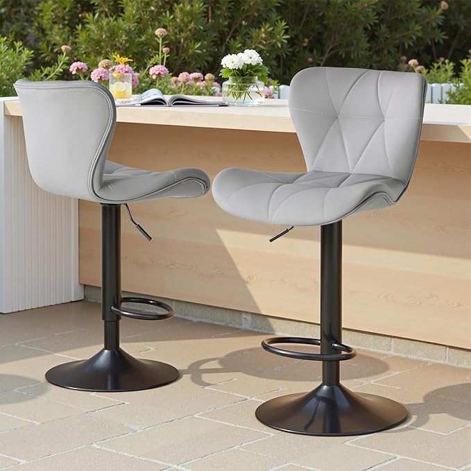 Sweetcrispy Modern Bar Stools Set of 2, Adjustable Faux Leather Upholstered Swivel Bar Stools, Counter Height Bar Chairs with Back for Kitchen Island, Grey