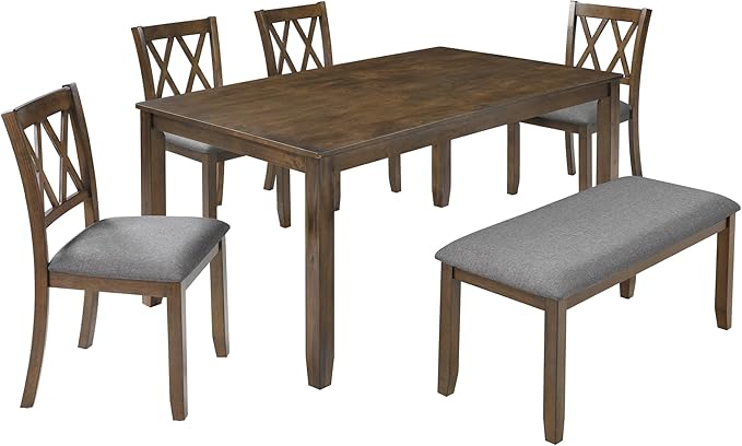 6-Piece Dining Table Set for 6 People, Wooden Rectangular Kitchen Table with 4 Upholstered Chairs and a Bench, Modern Dining Room Table Set for Kitchen and Dining, Walnut