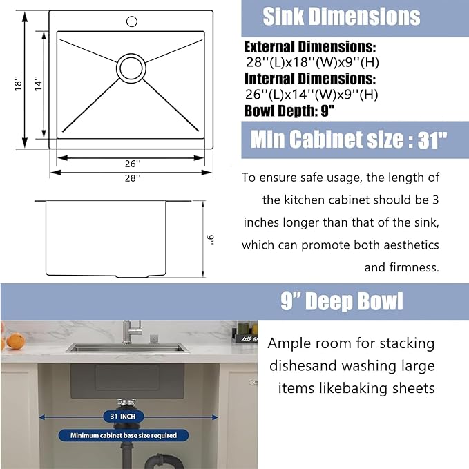 28X18 Inch Drop In Kitchen Sink, Topmount Stainless Steel Brushed Nickel Single Bowl Kitchen Sink, Extra-thick 16 Gauge Kitchen Sinks For RV Laundry Utility with Basket Strainer