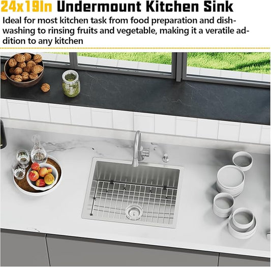 24x19 Inch Stainless Steel Kitchen Sink-Undermount Single Bowl Drop In Kitchen Sink Stylish And Modern Look Come With Bottom Grid,Silicon Mat And Drain Assembly Add Elegance & Enhance Usability