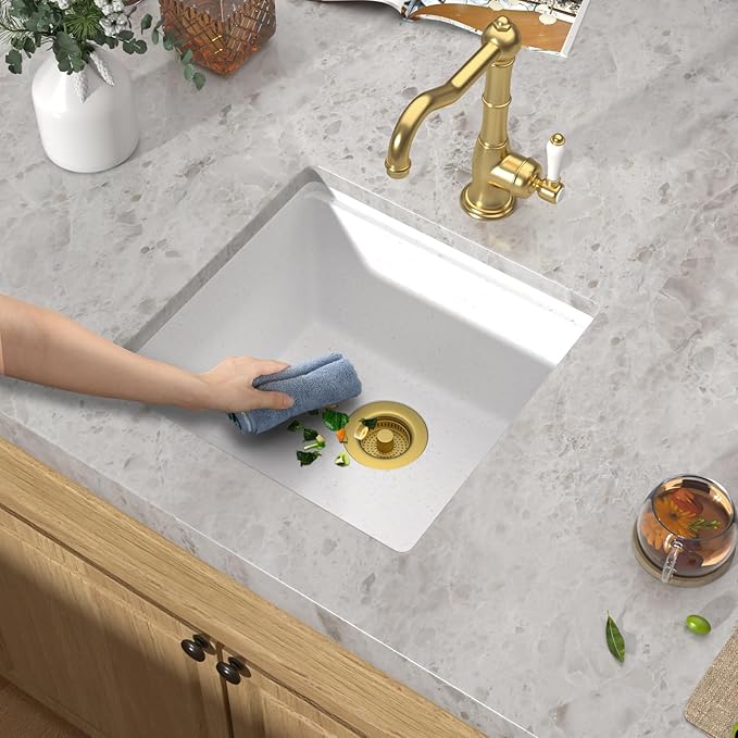 18 Inch Undermount Bar Sink Workstation - White Granite Composite All-In One Single Bowl Classic Quartz Wet Prep Sink with Cutting Board for Kitchen Bar, RV, Boat, and Outdoor, #TLGU-131