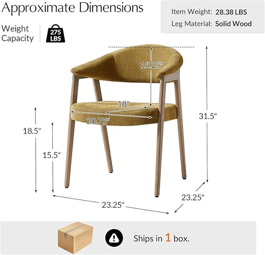 HULALA HOME Dining Chairs with Arm Set of 2, Mid-Century Modern Upholstered Kitchen Dining Room Chair with Solid Wood Legs & Curved Backtrst, Armchairs Accent Chairs for Living Room - Golden