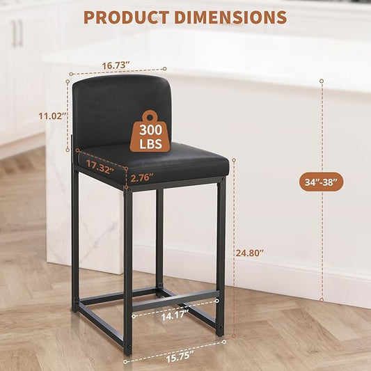 GarveeHome Bar Stools Set of 4, Modern Counter Height Bar Stools with Back and Footrest, Faux Leather Upholstered Barstools Chairs for Kitchen Island Dining Room Bar, Black