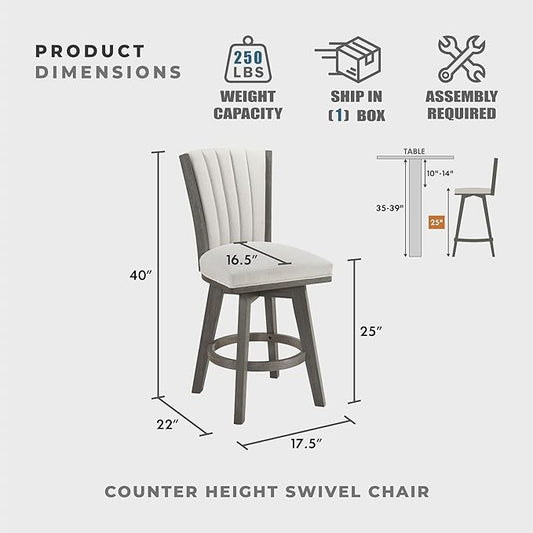 Lexicon Swivel Counter Stools Set of 2, Wood Frame Counter Height Stools with Footrest and Back, for Kitchen Island, Dining Room, 25" SH, Grey Finish and Thick Beige Velvet Cushion Seat