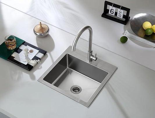 MENATT 15x15 inch Drop-in Bar Sink with 1 Faucet Hole, T-304 Stainless Steel Handmade Single Bowl Kitchen Rv Sink with 2" Drain Hole, Brushed