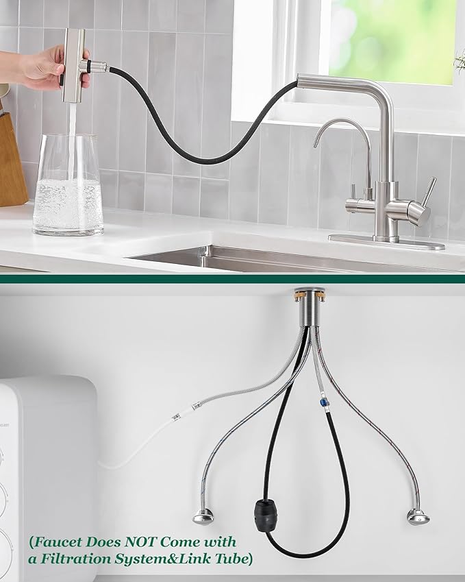 Fapully Pull-Down Kitchen Faucets, 3 Way Kitchen Sink Faucet with Pull Down Sprayer and Drinking Water Faucet, Include Deck Plate for 1 or 3 Holes Brushed Nickel