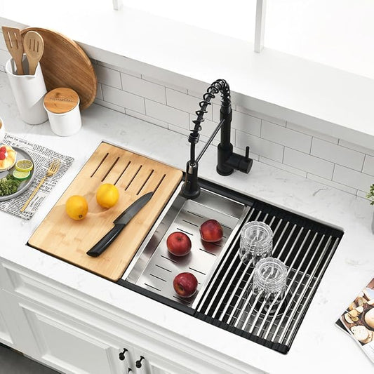 32 Inch Black Undermount Kitchen Sink Workstation - SZBAQTM 32x18-Inch Undermount Sink Stainless Steel Single Bowl 10'' Deep Handmade Kitchen sink with Cutting Board& Strainer