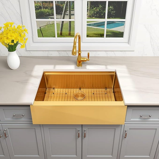 30-Inch Farmhouse Kitchen Sink, 16 Gauge Stainless Steel Farm Sink, Undermount Single Bowl, Brushed Finish, Deep Basin, Workstation Design with Accessories (Gold, 30" x 22" x 10")