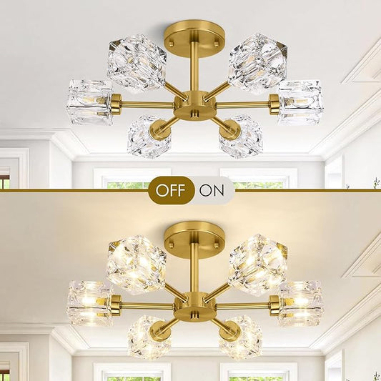 Modern Crystal Chandelier, 6-Light Gold Flush Mount Ceiling Light, 17.3" Sputnik Chandelier Light Fixture with K9 Crystal Shade, Industrial Pendant Light for Dining Room, Kitchen, Bedroom, Living Room