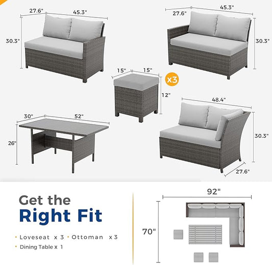 Wisteria Lane 7 Piece Patio Furniture Set, High Curved Back Wicker Patio Sectional, All Weather Outdoor Dining Set, Outdoor Furniture Patio Conversation Set with Ottoman, Ash Gray