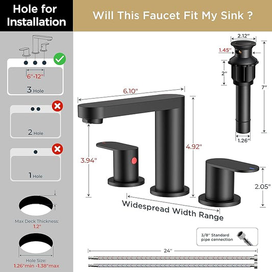 QFN Matte Black Bathroom Faucets 3 Hole, 8 inch Widespread Bathroom Faucet with Pop Up Drain and 24" cUPC Supply Hoses, Lead-Free Two Handles Suitable for 6-12 Inch RV, Restroom, Vanity Sink