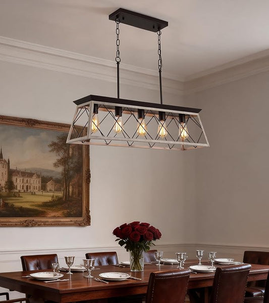 Q&S Dining Room Chandelier Light Fixtures,Farmhouse Rustic Vintage Antique Linear Chandeliers Pendant Ceiling Light Fixture for Kitchen Island Bar Office Coffee Shop 5-Lights Oak and ORB UL Listed