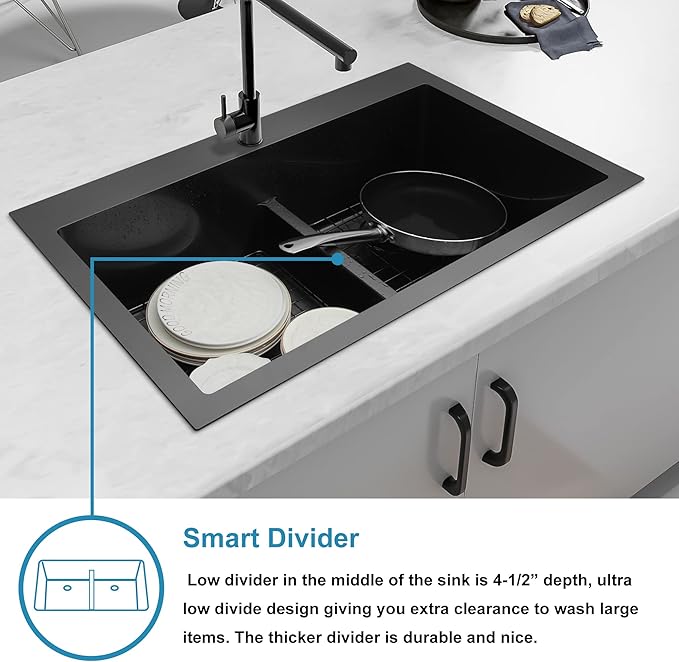 LQS Black Kitchen Sink, 33x22 Drop In Kitchen Sink Black, Top Mount Stainless Steel Sink, Large Capacity, 50/50 Double Bowl Sink with Unique Low-Divider Design For Easier Rinsing and Cleaning