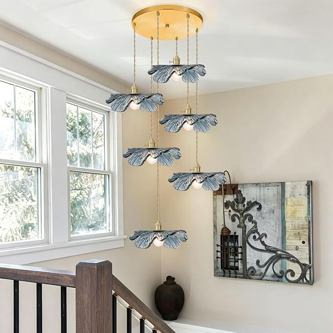 Foyer Chandelier for High Ceilings long Blue Floral pendant light Mid Century Glass Hanging Ceiling light Brushed Gold Flush Mount Ceiling Chandeliers for Staircase Entryway Living, Adjustable Height