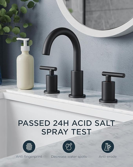 FORIOUS Black Bathroom Faucets 3 Hole, 2 Handle 8 in Widespread Matte Black Vanity Faucet 3 Holes with 360 Degree Rotating Spout for 6 to 12 inch Sink, Metal Pop Up Drain and cUPC Supply Lines