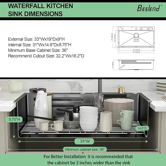 33 Inch Black Waterfall Kitchen Sink - Beslend 33x22 Drop In Waterfall Sink Nano Black Workstation Smart Sinks 16 Gauge Stainless Steel Single Bowl Dish Basin with Faucet Combo