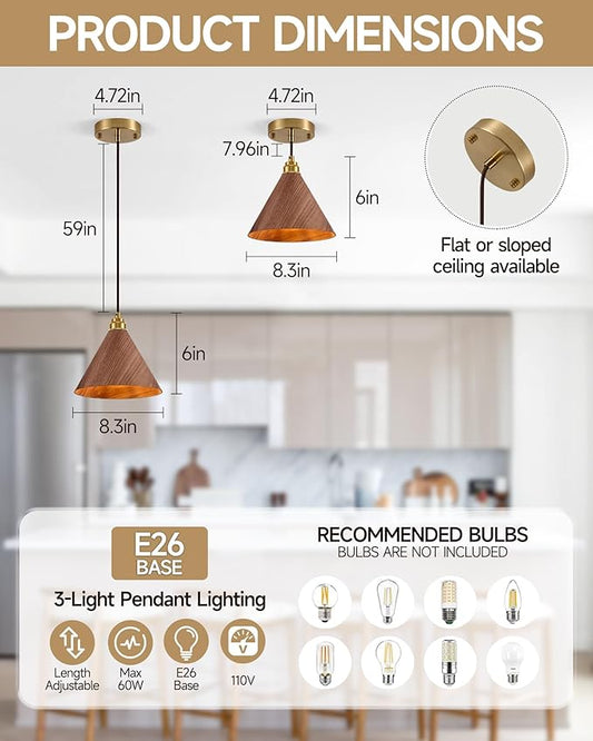 3 Pack Pendant Lights Kitchen Island, 8.3” Small Wood Pendant Light, Adjustable Height Hanging Light Fixtures, Kitchen Island Lights for Dining Room, Bedroom, Hallway, Bar (Walnut)