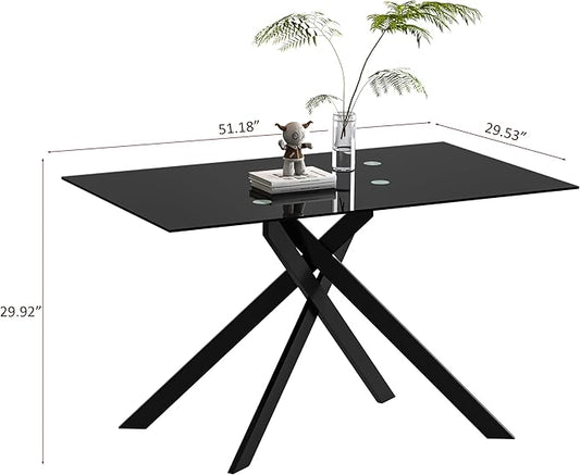 Dining Table with Tempered Glass Top, Modern Glass Dining Room Table Rectangle, Chrome Silver Geometric Metal Leg, Kitchen Table 51" L x 29.5" W x 30" H (All Black, 51" Dining Table)