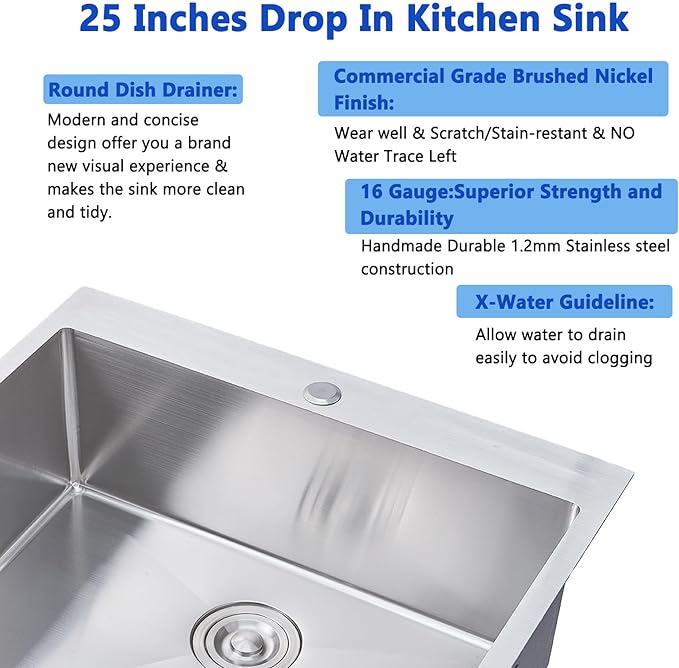 HOTIS 25x22 Inch Drop In Kitchen Sink, 25 Inch Topmount 304 Stainless Steel RV Laundry Utility Sink, Brushed Nickel Single Bowl Bar Sink With Drain