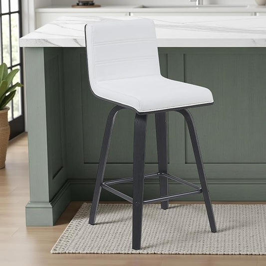 Vienna Modern Counter Height Swivel Bar Stool with Snow White Faux Leather Seat and Black Brushed Wood Frame Set of 2