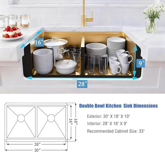 Gold Undermount Double Kitchen Sink, 16 Gauge SUS304 Stainless Steel Kitchen Sinks,50/50 Features All In One Workstation Sinks with Accessories, 30"x 18" x 10" Large and Deep Gold Double Sink