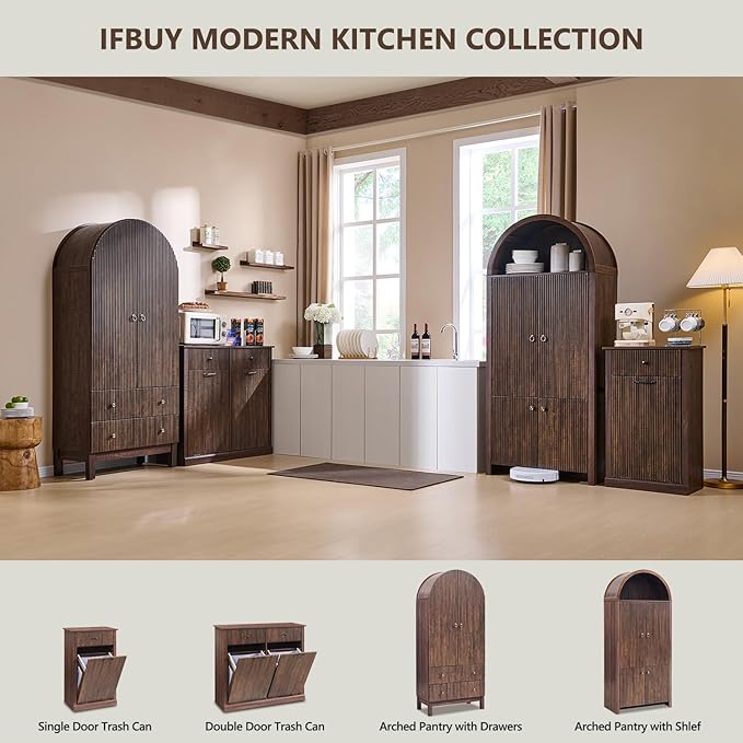 IFBUY 71" Tall Arched Bathroom Storage Cabinet, Modern Fluted Storage Cabinet w/Doors, 3 Adjustable Shelves, 6 Door Shelves, Wood Freestanding Cabinet for Bathroom, Entryway, Hallway, Brown