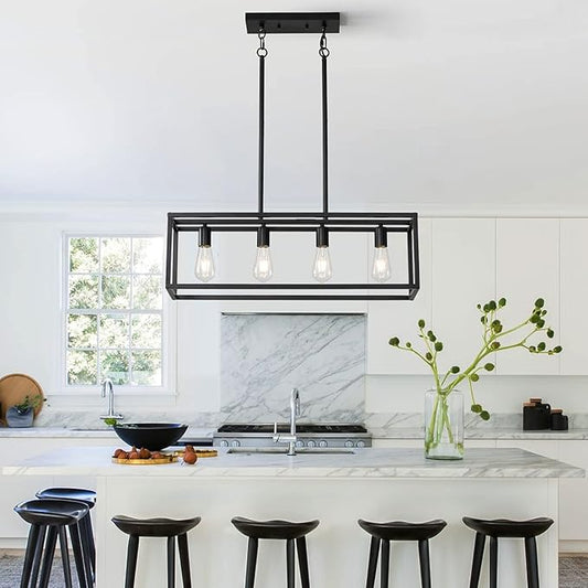 Black 4-Light Industrial Vintage Chandelier, Modern Linear Rectangular Cage Hanging Light Fixture for Farmhouse Kitchen, Dining Room, Bar, Living Room