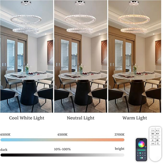Finktonglan Dimmable Crystal Chandelier, Modern 2 Ring Oval LED Chandelier with Remote & App Control, 23.6"+20" Adjustable Pendant Light, 3 CCT 2500K/4500K/6500K, Kitchen Island Dining Room Bedroom